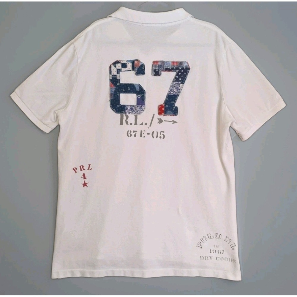 Vtg Polo Ralph Lauren Patchwork Embroidered Big Pony Polo Shirt Men's Sz L White